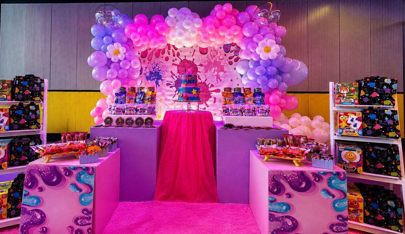 Salón de eventos de Funlandia Pacific montado con mesa de dulces, globos y estantes de premios